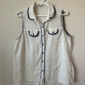 Chloe K White and navy collard Sleeveless Button Down Shirt size large